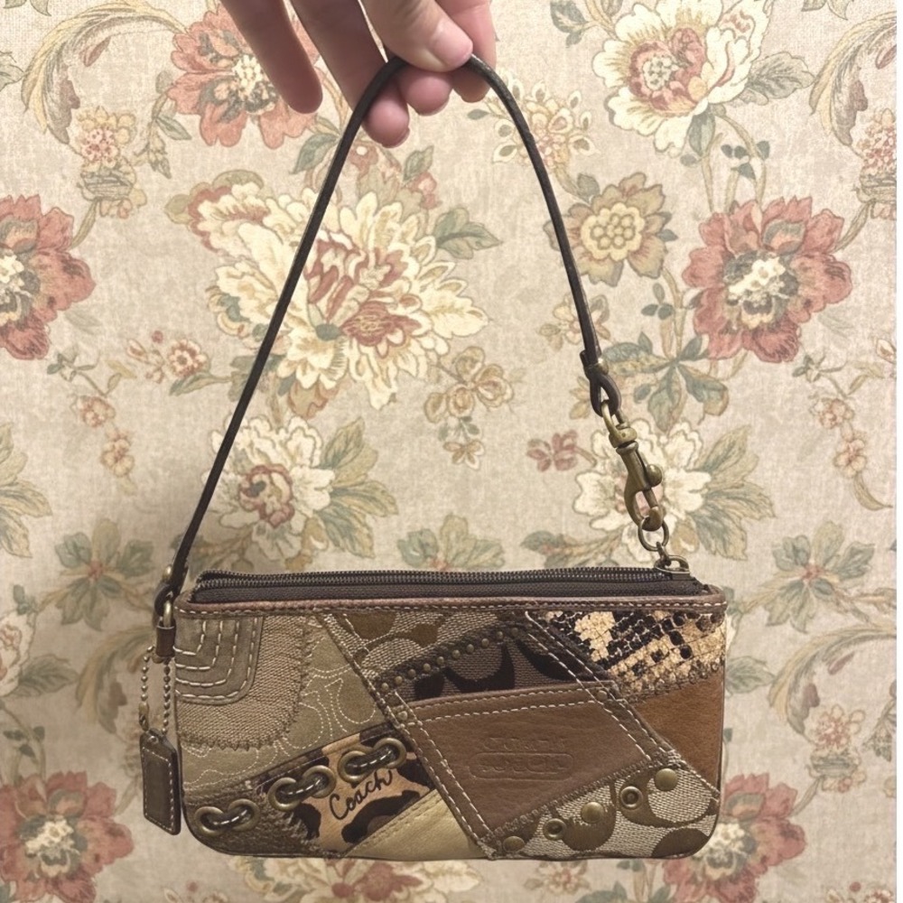 Coach Patchwork Wristlet Bag Womens Small Brown Leather Canvas Vintage Y2K Boho